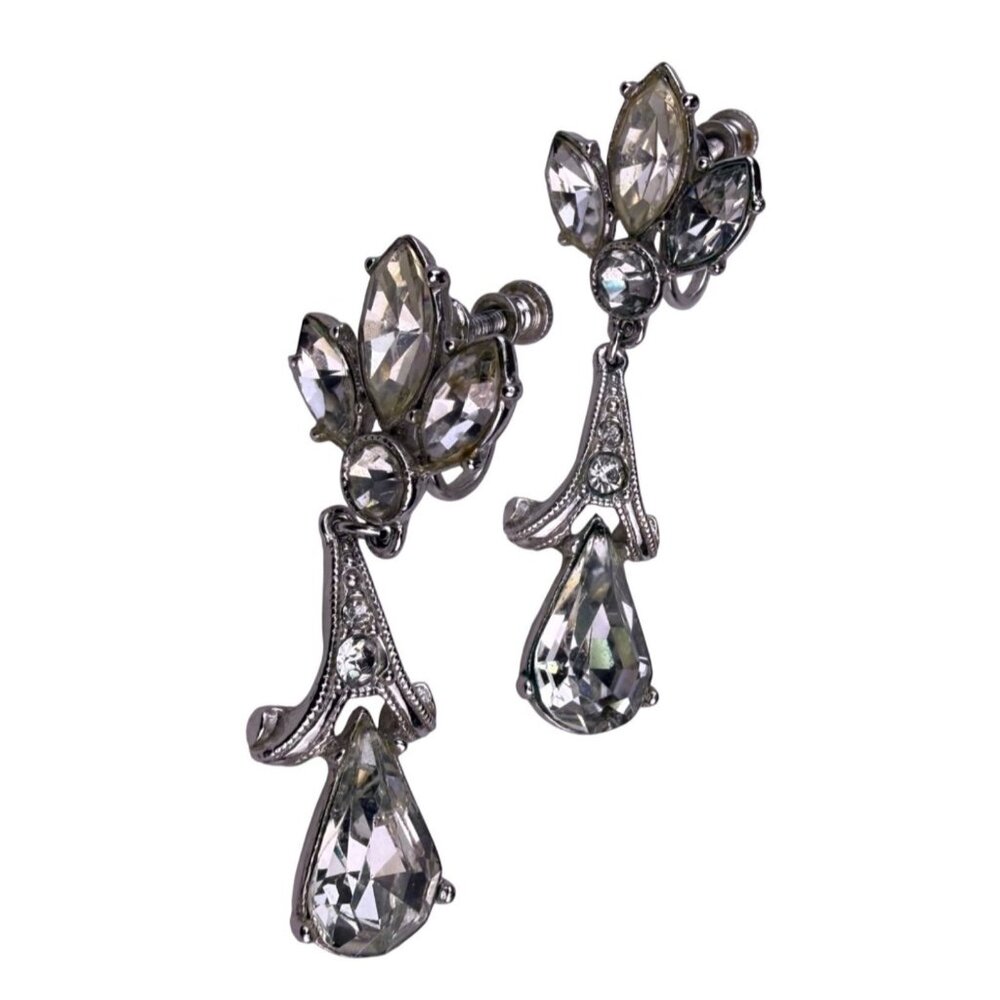 Ora Womens Silver Tone Rhinestone Dangle Clip-On Earrings Vintage Jewelry